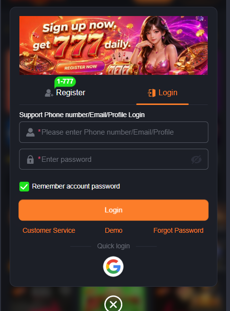 JK667 Game login screen , enter mobile number and password