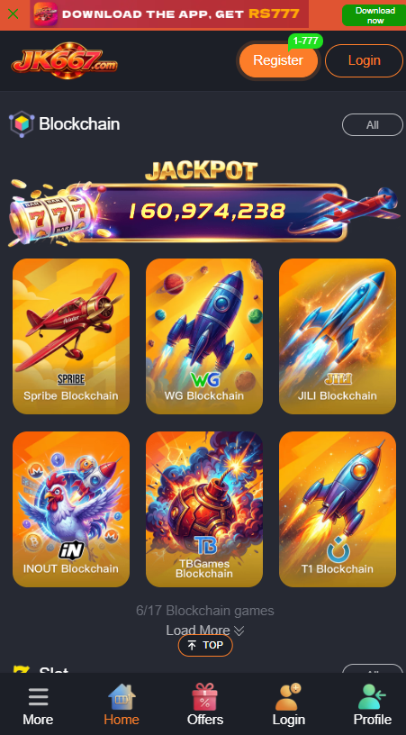 JK667 Game home screen showing game selection dashboard