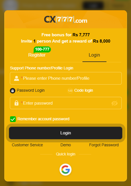 CX777 Game registration and login interface
Download CX777 Game APK