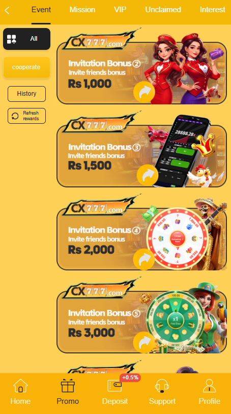 CX777 Game referral program and invite friends bonus