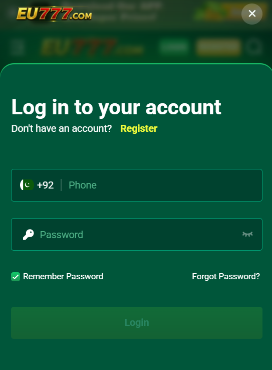 EU777 Game login process Android app Pakistan