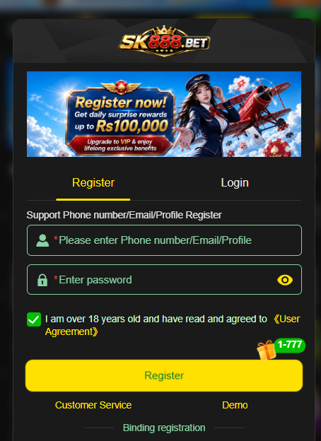 SK888 Game registration screen on Android
