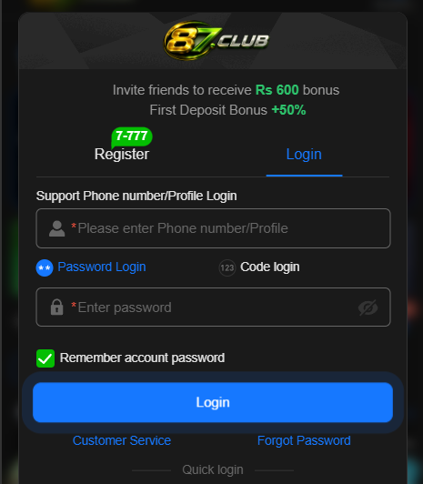 87 Club Game login and registration guide
