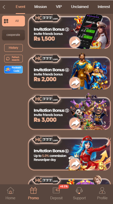 HC777 Game earning rewards and bonus section
