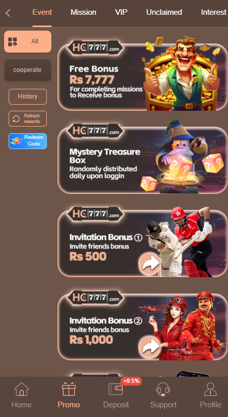 HC777 Game promotions and bonus offers page