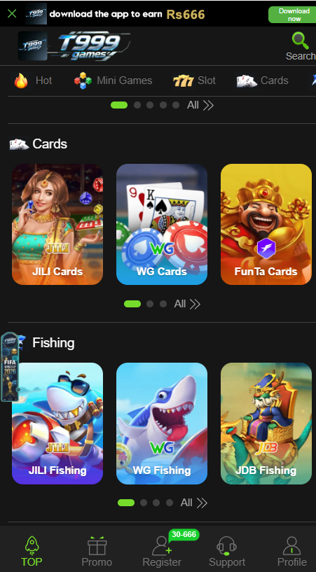 T999 Game mobile gaming interface in Pakistan